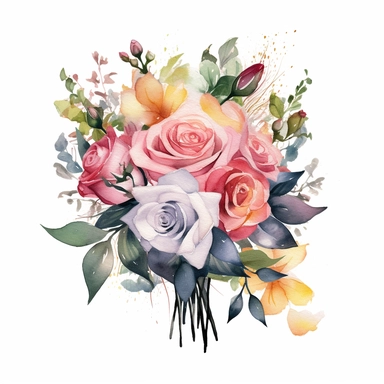 watercolor painted bouquet of mixed colored roses clipart, Flower Border clipart, Minimalist Flower Bouquet clipart, mixed colored roses Clipart roses painting formal glamour elegant style wedding floral bouquet, wedding clipart include babys breath flowers in the bouquet 4