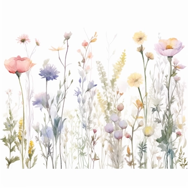 Watercolor soft and dreamy tones, soft watercolours, transparency and lightness, vertical layout of a single group, cluster of wild flowers and grass , soft, tonal colors, transparency and opacity, chinese watercolor, minimal retouching , vector, contour, isolated on white background, clipart set, spaced out, aspect ratio 16: 9