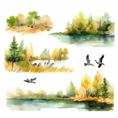 watercolor hunting scene in forest or fields with lake in vicinity where bird flocks take off in numbers , illustrations clipart set, simple, , cartoon elements ,different variants , natural elements, separate elements with a margin, ,4k, high resolution,