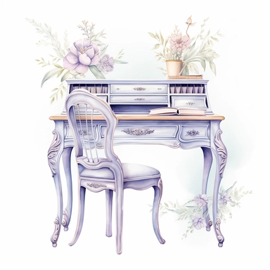 Pastel watercolor Victorian Vintage Writing Desk Delicate cabriole legs a smooth satin finish and intricate floral motifs carved into the wood complemented by pastel-hued drawers and a charming vintage chair clipart isolated on white background, Pale lavender and dusty blue with accents of light gray pastel color palette, in brush style of Willem Haenraets, clean edges around image, in the style of pastel watercolor illustrations, feminine sensibilities, detailed illustrations, heavy shading, de