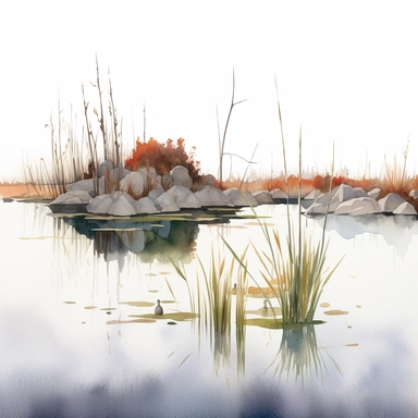 watercolor for a clipart with a white background of a pond sorrounded by cattail, minimalism, by Bo Bartlett