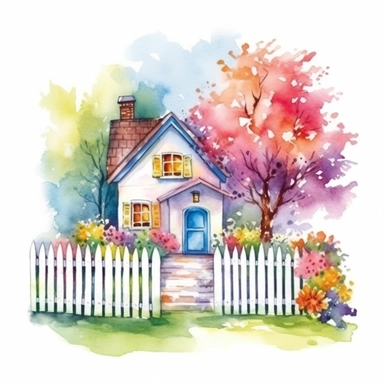 clipart, isolated on white background, beautiful cute Watercolor Spring Cottage - cute little house with fence and chimney, tree and flowers, ornated, vivid and saturated colors