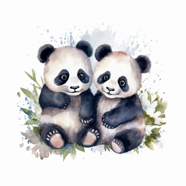 watercolor clipart image of 2 happy looking baby pandas, disney style, white background, no shading, clear outlines