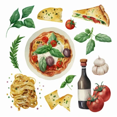 watercolour illustration of Italian food, clipart,