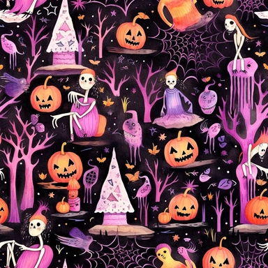 ultra beautiful halloween, witch, spider, web, bat clipart, seamless pattern, ornamental pink, black, orange, purple watercolor,