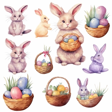 Watercolor easter eggs, illustrations clipart set, simple, soft colors, cartoon elements, different variants, easter elements, jumping bunnies, sitting bunnies ,rabbits, cute little girl, easter eggs in basket, separate elements with a margin