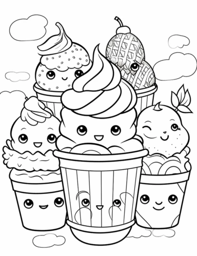 Kawaii Cake Icecream with delightful designs and flavors, like blueberry, chocolate chip, and banana For Simple Coloring page,line art, thick lines, black and white,clipart, illustration, on white background,margin Page 10px