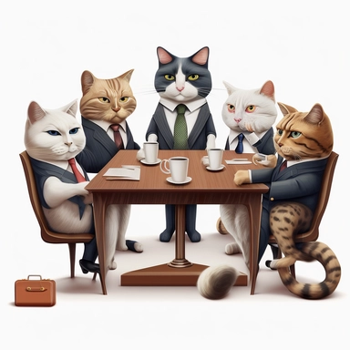 6 cats wearing suits sitting on chairs around a rectangular table having a business meeting realistic, clipart, white background