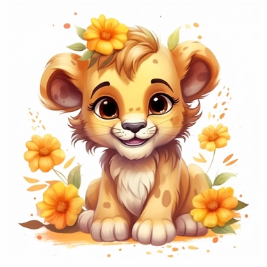 cute baby lion with a smile on its face and flowers, soft color, HD, cartoon image, on white background, glowing eyes Clipart,Cartoon, hyper realistic, intricate detail, illustration style,high solution,on the white background