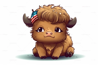 Cute baby Bison in Independence Day clipart, cartoon, white background,