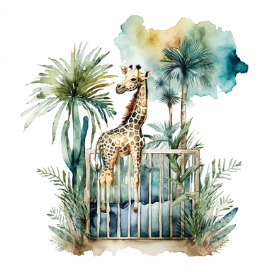 watercolor baby boy theme clipart of a crib, jungle style, with a realistic giraffe around or in the crib, consisting of green blue and teal, white background with palmtrees, no caption, no text