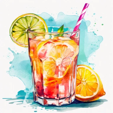 clipart watercolor pastel neon colors - summer icetea drink with ice cubes in it and cutted citrus fruits on top - hard contrast - high details - enough space between each item