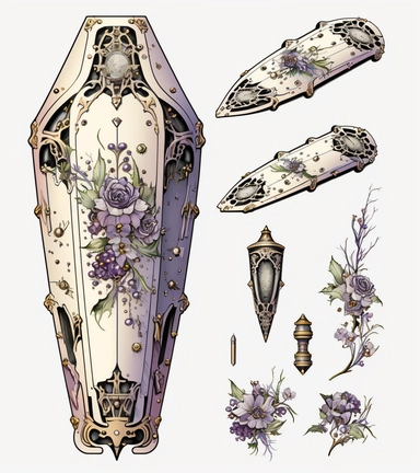 watercolor Gothic steampunk coffin decorated with floral and gears screenshot,clipart ,front view, super detailed, in the style of watercolor illustrations, intricate patterns and details, cybermysticsteampunk, black and light purple on white background , oil paintings, nightcore, decorative artistry, on white background, spaced out