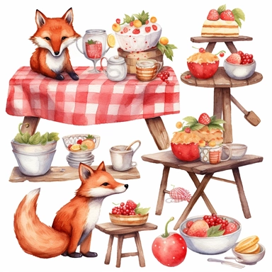 clipart set of woodland fox sitting at a picnic table with red gingham table cloth, on the table there is fruit and cake, party triangle bunton, whimsical watercolor painting, separated with white margins between each item, isolated on white background