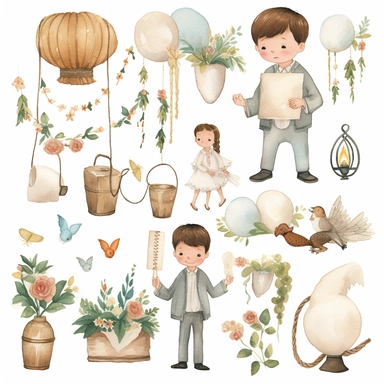 First communion illustrations clip art set, watercolor, white background, simple, soft colors, cartoon elements, boy, holy cross, white doves, tulips, peonies, eucalyptus branches, wooden rosary beads, powder blue, brown, flowers, first holy communion a little boy swings on a swing suspended on strings on a tree with a garland of lanterns and balloons