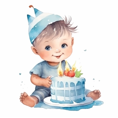 cute baby boy and birthday cake clipart, for childish cards, detail, illustration style, high solution, Watercolor, on the white background