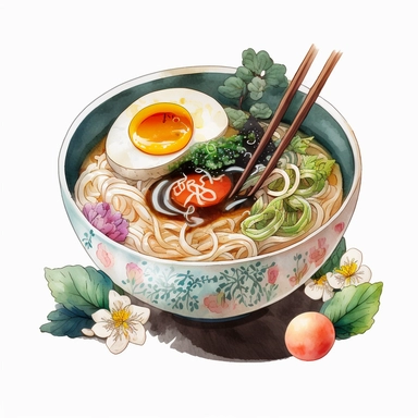 an bowl of japanese ramen, anime art, authentic ramen, watercolor, white background, clipart