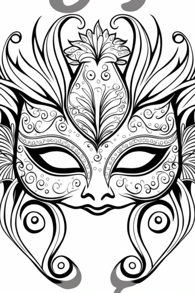 an outlined Mardi Gras cute mask decorated with glitter and jewels, Coloring Book for toddlers, white background, black and white, [clip art]
