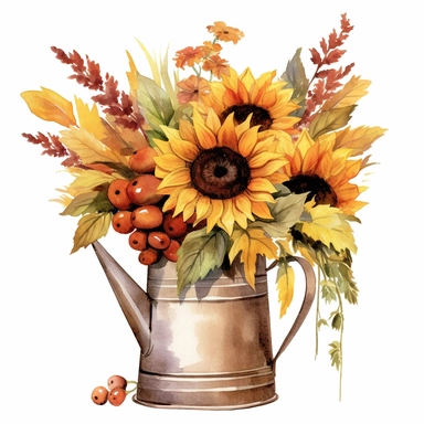 a ultrarealistic watercolor illustration of a composition of a autumn composition with sunflower bouquet in rustic watering can,Autumn arrangement,Farmhouse rustic fall decor,harvest Thanksgiving clipart, in the style of realistic watercolor paintings, terracotta colors, bloomcore, high resolution, white background