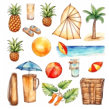 Watercolor summer and beach related items, illustrations clipart set, simple, , cartoon elements ,different variants , separate elements with a margin, net, cup, champoionship, 4k, high resolution