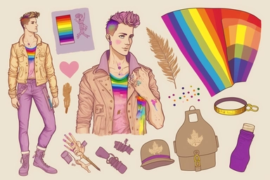 lgbt pride clipart, lgbt men, rainbows, in the style of light violet and light amber, hand-painted details, primitivist elements, bold gestures, light yellow and light pink, culturally diverse elements, use of precious materials