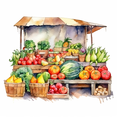 watercolor colorful clipart of a bountiful farmer's market, hd, on white background