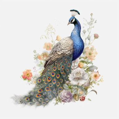 a peacock displaing in the style of James Christensen, summer flowers ,clipart, watercolor style, fantasy, ultra detailed, white plain background, single object, print on demand image, PNG transparent background, white background for removing background, 8k