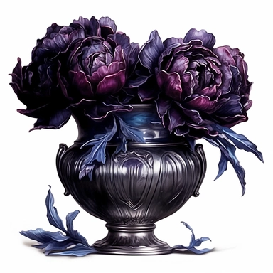 gothic dark peonies in metallic vase, painting, dark fantasy, clipart, digital art techniques, hyper-realistic oil, eerie compositions, white background