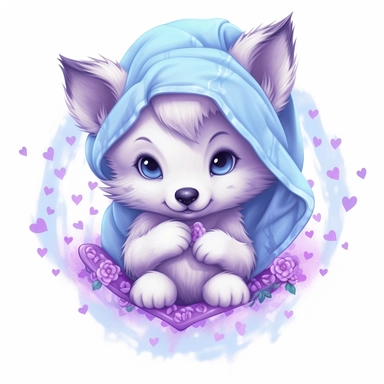 a shy baby wolf in hoody Clipart, covered in hearts, Nursery summer Clipart, Easter Clipart, Crafting Digital Paper, purple and blue backlight Mother’s Day, white background