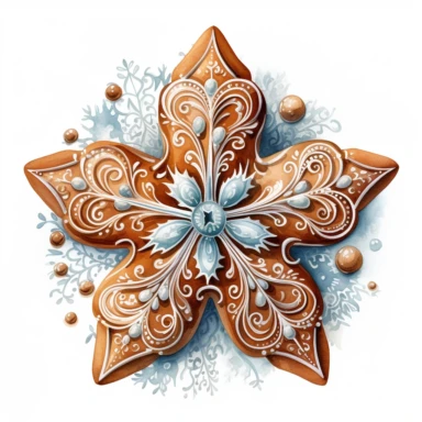A isolated watercolor clipart, Christmas hand made gingerbread, snowflakes,white background, Art Nouveau, highly detailed,