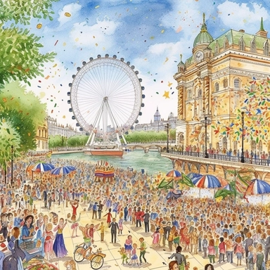 A festive scene of the South Bank, filled with celebratory crowds and street performers commemorating the coronation, Clipart, watercolor, white background, intricate detail