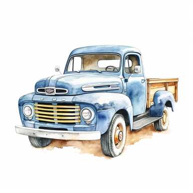 realistic watercolor drawing of a vintage ford truck in California farm, on a white background where the background will be removed to repurpose as a clipart.