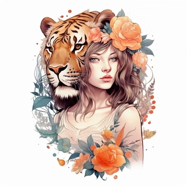 Girl with tiger and flowers, illustration clipart, detailed, black outline, white background, digital art, watercolor