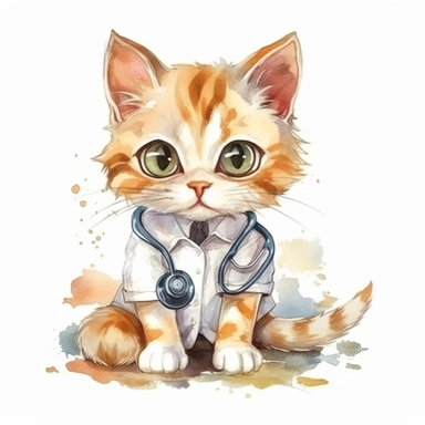Cute cat BABY, BEAUTIFUL big SHINING EYES ,HAPPY, dressed as a Doctor , Watercolor Little Animals Clipart, COLORFUL