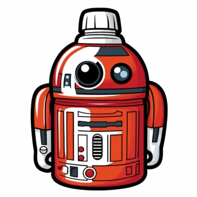 a cartoon illustration of r2d2 dressed up as a bottle of ketchup with clean rounded lines on a white background suitable for clipart