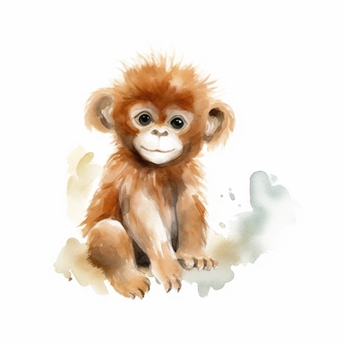 white background, watercolor clipart, a playful cute perfect adorable monkey illustration, perfect for print on demand stickers and wall art