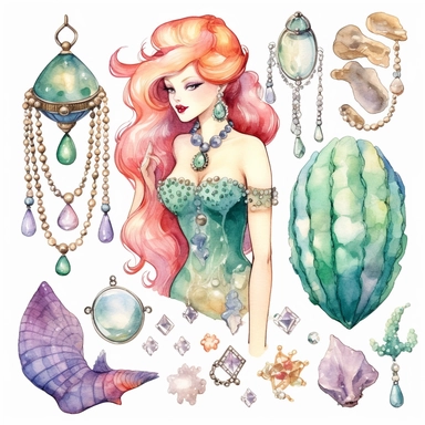 watercolor clipart mermaid clipart , jewels, treasure chest, pearls , shells with pearls, cute fish, seaweed , cartoon detailed