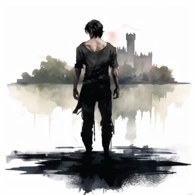 A goth prince muscular and attractive stands in the water of a pond gothic atmosphere evening hours watercolor clipart