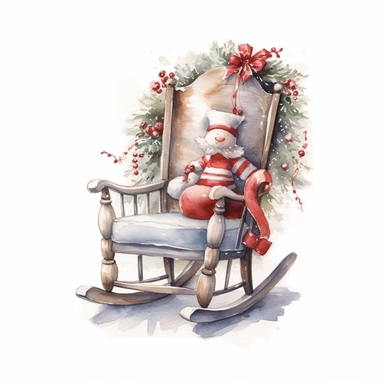 Watercolor, cute christmas rocking chair, magical, fantasy, clipart, white background detailed, 8k, high resolution, style of Sandi Mower, clean white background