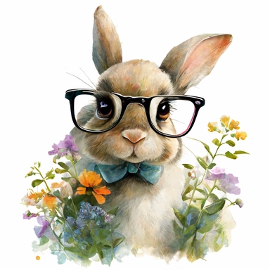 smiling rabbit, wearing glasses and a tie, in the style of digital painting and drawing Beatrix Potter, siting in the flowers, i can't believe how beautiful this is, uhd image, grid-based, charming character illustrations, free brushwork, watercolorist, white background, clipart -