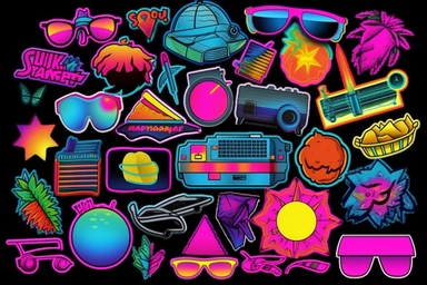 Retro 80s 90s clipart set. Neon colors y2k fashion patch, badge, emblem, stickers.