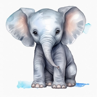 a baby female grey African elephant with a blue bow on head, stood sideways to the camera looking right, watercolour painting blank transparent background png clipart
