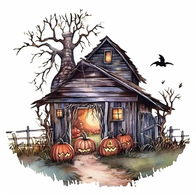 very detailed watercolor haunted halloween barn at night, country side, trees, ball of hey, svg graphics, in the style of realistic landscapes, j.c. leyendecker, monumental murals, colorized, white background, clipart, vintage cut-and-paste
