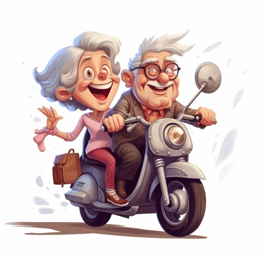 Cartoon Grandpa drove Grandma by motorbike, Funny Grandparents, extremely detailed, illustration clipart, on white background