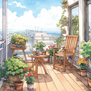 watercolor, hyper realistic, white background, white margins, 16k, ultra detailed clipart, cut out image, hand-drawn, whimsical manhwa style, ultra HD, sharp and clean art A cozy balcony with a small wooden table and chairs, surrounded by potted plants and blooming flowers, overlooking a garden.