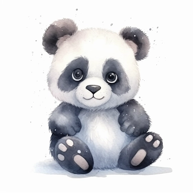 Cute fluffy panda clipart illustration on white background, cuddly cartoon watercolor
