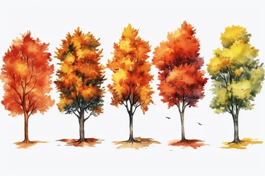 10 watercolour autumn maple trees clipart, romantic, hd, detailed, white background, spaced out, all images complete