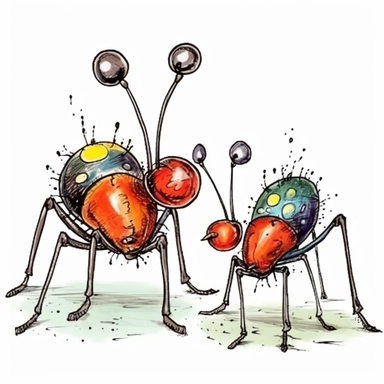 Funny colorful cartoon two ants battles like a pompon clipart with big beautiful eyes and long beautiful legs, distinct fine details, watercolor technique, black contour lines