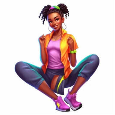 beautiful black teenage girl with beautiful pinned up hairstyle, dressed in bright colored fitness attire. Full perspective and, long shot A young black woman with full lips and a big beautiful smile, dressed in a jogger, has pinned up hairstyle and beautiful shapely legs, wearing sneakers, clipart in the style of digital airbrushing, feminine sticker art, dollcore, realistic face, realistic body, glamorous,
