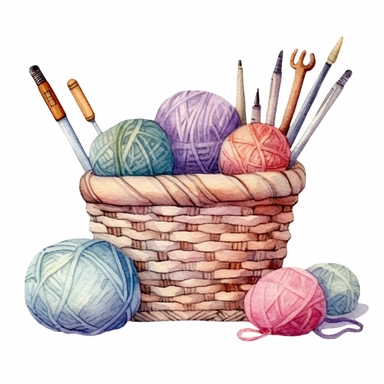 Watercolor Knitting and Crochet Tools in Wicker Basket. Wooden Knitting needle, delicate pastel colours Balls of Wool, Skein, Crochet Hook. Hand drawn clip art set, elements isolated for Knitter, Needlework store, Yarn shop - <@1098423716465102849> (relaxed)